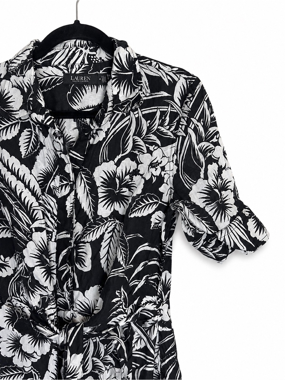 Lauren Ralph Lauren Black White Tropical Floral Linen Tie Front Shirtdress 6